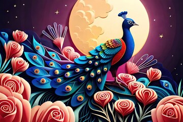 abstract paper quilling background with peacock, generative ai