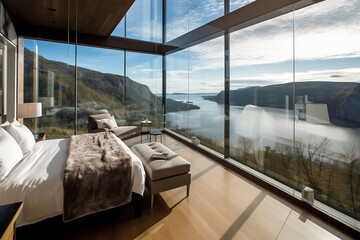 Luxurious hotel room. Hotel room with a beautiful view. Hotel room overlooking the lake and mountains. Panoramic view from windows. Generative AI.