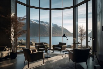 Luxurious hotel room. Hotel room with a beautiful view. Hotel room overlooking the lake and mountains. Panoramic view from windows. Generative AI.