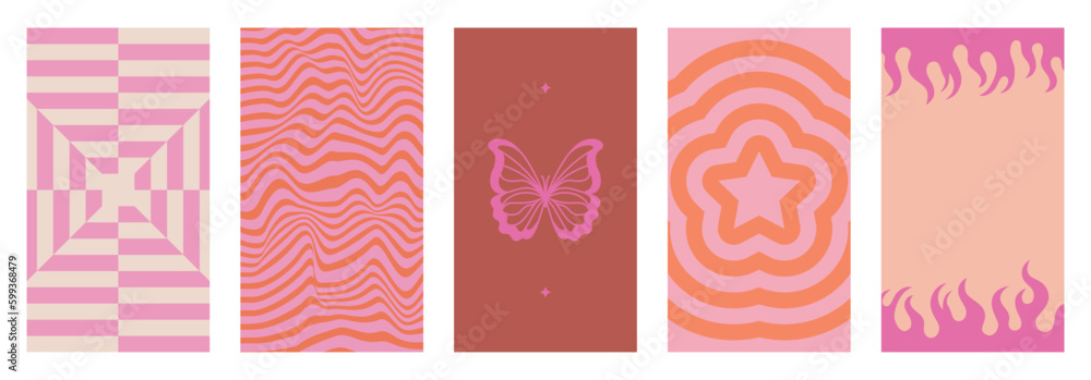Aufkleber Vector illustration, vertical abstract backgrounds and graphic prints - decorative stories templates with copy space for text for social media in y2k groovy minimal style