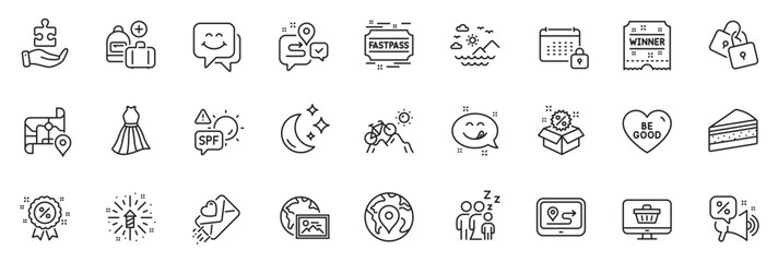 Icons pack as Puzzle, Web photo and Sea mountains line icons for app include Pin, Calendar, Web shop outline thin icon web set. Fireworks explosion, Discounts offer, Add handbag pictogram. Vector