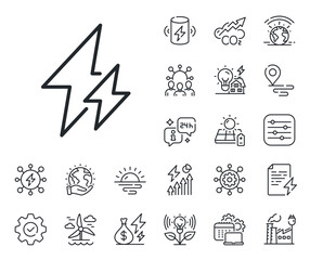 Fototapeta premium Electric power energy type sign. Energy, Co2 exhaust and solar panel outline icons. Electricity line icon. Lightning bolt symbol. Electricity line sign. Eco electric or wind power icon. Vector