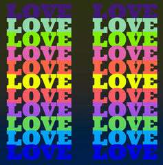 Fondo con detalle de multitud de la palabra LOVE en diferentes colores y tonos, sobre fondo oscuro