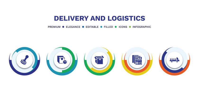set of delivery and logistics filled icons. delivery and logistics filled icons with infographic template. flat icons such as stamp, delivery delay, box, tax free, cargo vector.