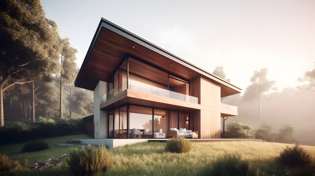 Be inspired by this stunning stock image featuring a stunning house design with a minimalist aesthetic, clean lines, and a warm wood finish, perfectly set in a picturesque natural setting.