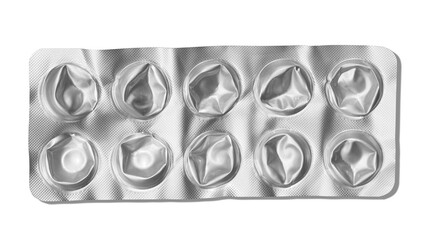 Empty crumpled pill pack isolated on white background. Used aluminum pack of pills on a white background
