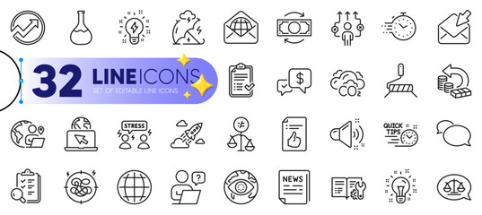 Outline set of Idea, Inspect and Cash back line icons for web with Loud sound, Business way, Chemistry lab thin icon. Open mail, Inspiration, Approved checklist pictogram icon. Vector