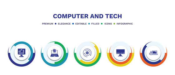 set of computer and tech filled icons. computer and tech filled icons with infographic template. flat icons such as industrial, save file, circular de, televisions, morning work vector.