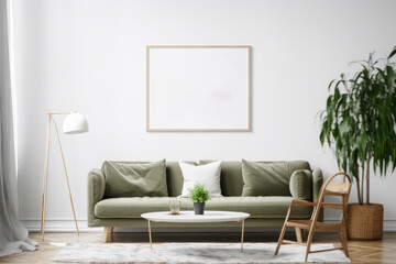 Blank Horizontal Poster Frame Mockup in a Scandinavian Living Room with Green Plants and Beige Sofa