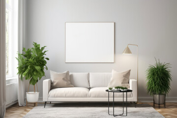 Blank Horizontal Poster Frame Mockup in a Scandinavian Living Room with Green Plants and Beige Sofa