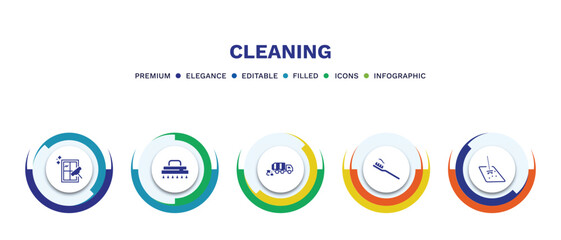 set of cleaning filled icons. cleaning filled icons with infographic template. flat icons such as clean window, wiping brush, garbage truck cleanin, toothpaste cleanin, floor cleaner vector.