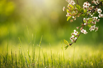 Beautiful spring background with green grass or meadow and a beautiful flowering branch
