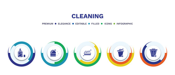 set of cleaning filled icons. cleaning filled icons with infographic template. flat icons such as perfume cleanin, bleach cleanin, brush cleanin, trash wiping trash vector.