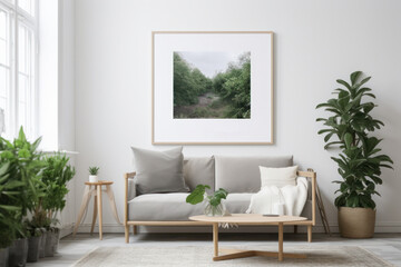 Minimalist Living Room with Blank Horizontal Poster Frame and Green Plants