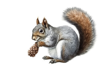 Fototapeta premium an isolated Grey Squirrel holding a pinecone, preservation, backyard wildlife, Wildlife-themed, photorealistic illustration on a transparent background cutout in PNG. Generative AI