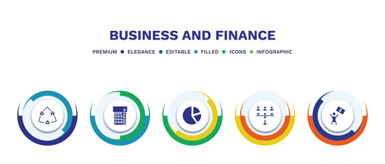 set of business and finance filled icons. business and finance filled icons with infographic template. flat icons such as connection box chart, calculator maths tool, pie chart file, increase team