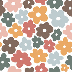 Seamless pattern simple abstract hand-drawn flowers. Nature flowers multicolored in modern trendy vector illustration. Abstract floral vintage folk mini boho flowers garden plants. 