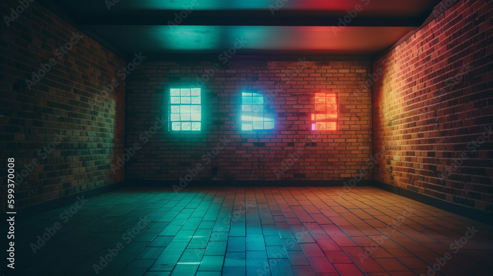 Sticker background of an empty room with brick walls and neon generative ai