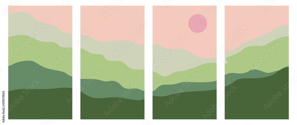 Poster Vector illustration in simple flat style - boho abstract print - simple natural landscape with mountains and hills, horizontal banner with vertical stories