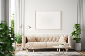 Modern Scandinavian Living Room with Blank Horizontal Poster Frame and Greenery
