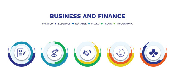 set of business and finance filled icons. business and finance filled icons with infographic template. flat icons such as bailment, man with money gears, shaking hands, return of investment, club