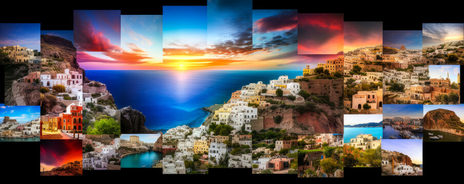 Creative photographic collage of Greek monuments, landscapes and culture. Harmony between each part composed of bright colors and beautiful lights. Generative AI