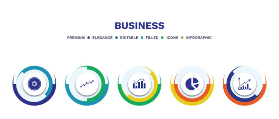 set of business filled icons. business filled icons with infographic template. flat icons such as full circle, lines, statistical chart, circular pie chart, graphs vector.