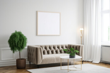 Scandinavian Living Room with Blank Horizontal Poster Frame and Natural Elements