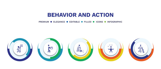 set of behavior and action filled icons. behavior and action filled icons with infographic template. flat icons such as man with flag, stick man with box, man sweeping, circus vacuum vector.