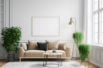 Scandinavian Living Room with Blank Horizontal Poster Frame and Natural Elements