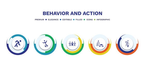 set of behavior and action filled icons. behavior and action filled icons with infographic template. flat icons such as stick man excersicing, stick man jumping, three men conference, cutting lawn,