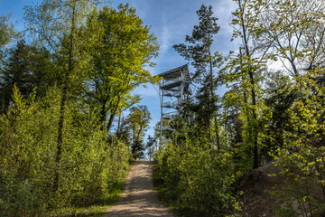 View at lookout tower at Büchlberg near Passau, lower Bavaria, germany, in spring outdoors. The tower is an attraction surrounded by hiking trails and the quarry nature reserve with a little lake