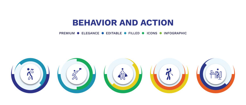 set of behavior and action filled icons. behavior and action filled icons with infographic template. flat icons such as man drinking, man taking a selfie, shopper man, spraying deodorant, eating