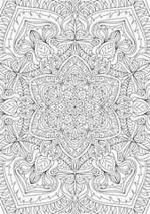 Decorative ornamental hand-drawn detailed mandala design coloring page illustration	