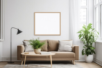 Minimalist Living Room with Blank Horizontal Poster Frame and Indoor Plants