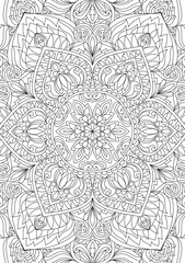 Decorative ornamental hand-drawn detailed mandala design coloring page illustration	