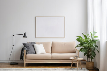 Minimalist Living Room with Blank Horizontal Poster Frame and Indoor Plants