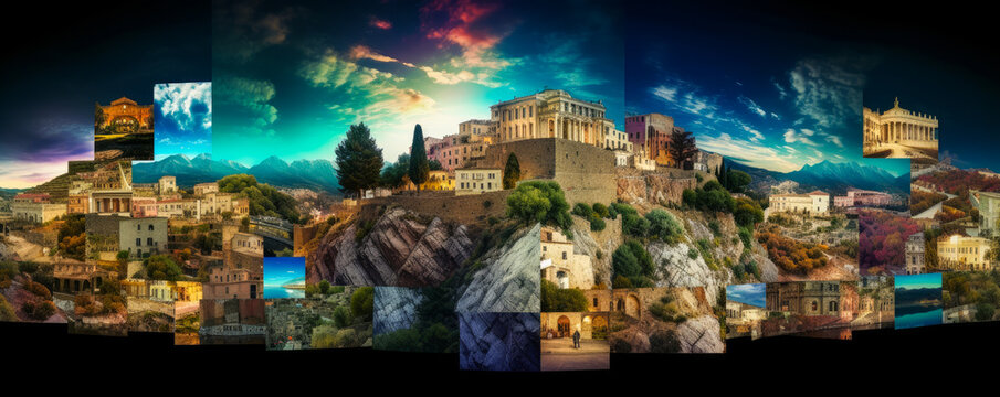 Creative panorama of the monuments, landscapes and culture of Greece. A colorful and harmonious view in the manner of mosaics of images to encourage the visit. Generative AI