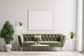 Minimalist Living Room with Blank Horizontal Poster Frame and Indoor Plants