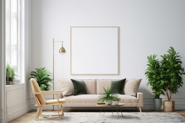 Fototapeta na wymiar Scandinavian Living Room with Blank Horizontal Poster Frame and Bright Natural Light
