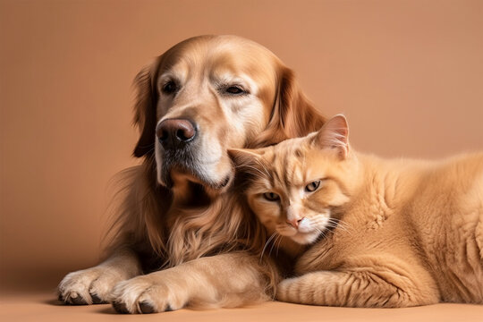 Portrait of a cute cat and dog hugging each other on brown isolated background.Front view.Created with generative ai