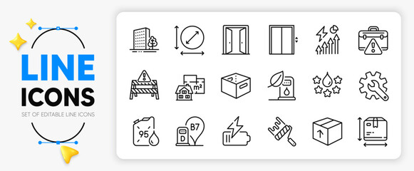 Box size, Lift and Open door line icons set for app include Floor plan, Warning road, Package outline thin icon. Petrol canister, Buildings, Warning briefcase pictogram icon. Vector