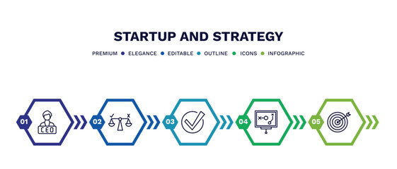 set of startup and strategy thin line icons. startup and strategy outline icons with infographic template. linear icons such as ceo, decision, accept, strategy sketch, mission vector.