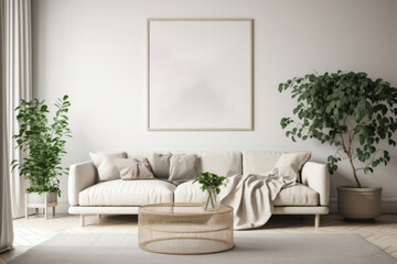 Cozy Scandinavian Living Room with Blank Horizontal Poster Frame and Botanical Accents