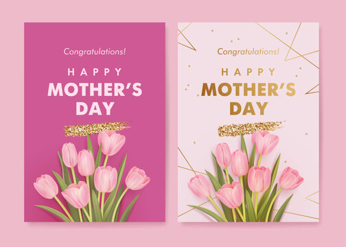 Set of Mother's day vertical poster, banner or greeting card with tulips and golden geometric elements on pink background Vector illustration