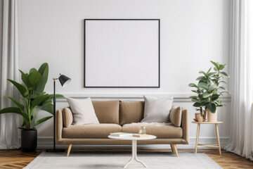 Cozy Scandinavian Living Room with Blank Horizontal Poster Frame and Botanical Accents