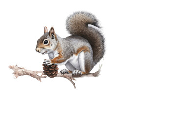 Fototapeta premium an isolated Grey Squirrel holding a pinecone, preservation, backyard wildlife, Wildlife-themed, photorealistic illustration on a transparent background cutout in PNG. Generative AI