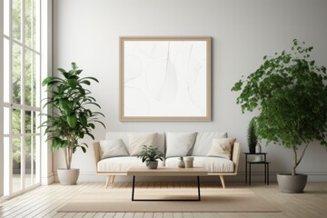 Fototapeta na wymiar Cozy Scandinavian Living Room with Blank Horizontal Poster Frame and Botanical Accents