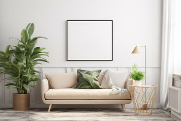Cozy Scandinavian Living Room with Blank Horizontal Poster Frame and Botanical Accents