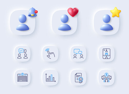 Crane claw machine, People voting and Parking garage line icons. Placeholder with 3d bell, star, heart. Pack of Diagram graph, Smile, Sharing economy icon. Cursor, People chatting pictogram. Vector